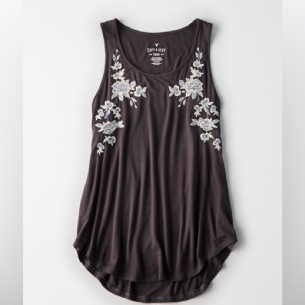 American Eagle Outfitters Black Tank Top with White Floral Embroidery - Picture 3 of 7